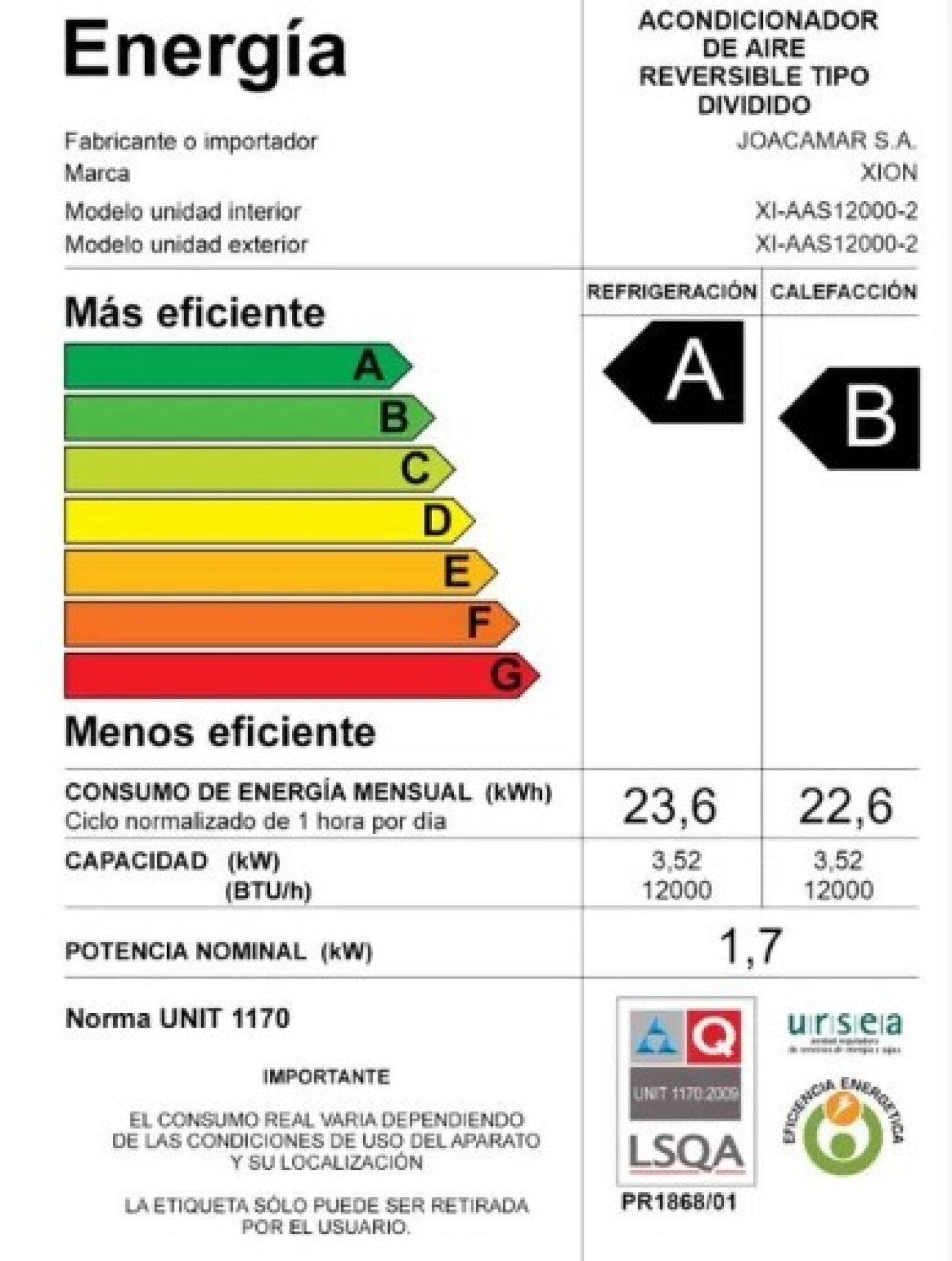 AIRE ACONDICIONADO SPLIT 12000 BTU - XION - Imagen 2