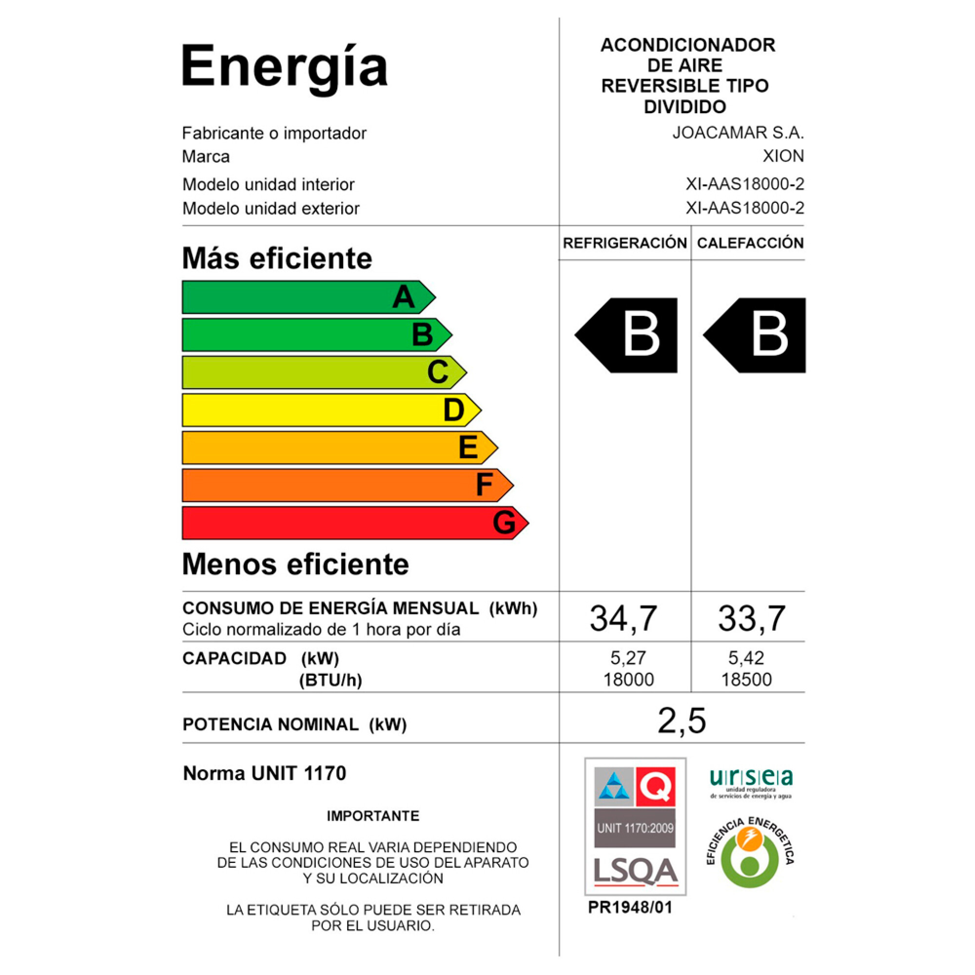 AIRE ACONDICIONADO SPLIT 18000 BTU - XION - Imagen 2