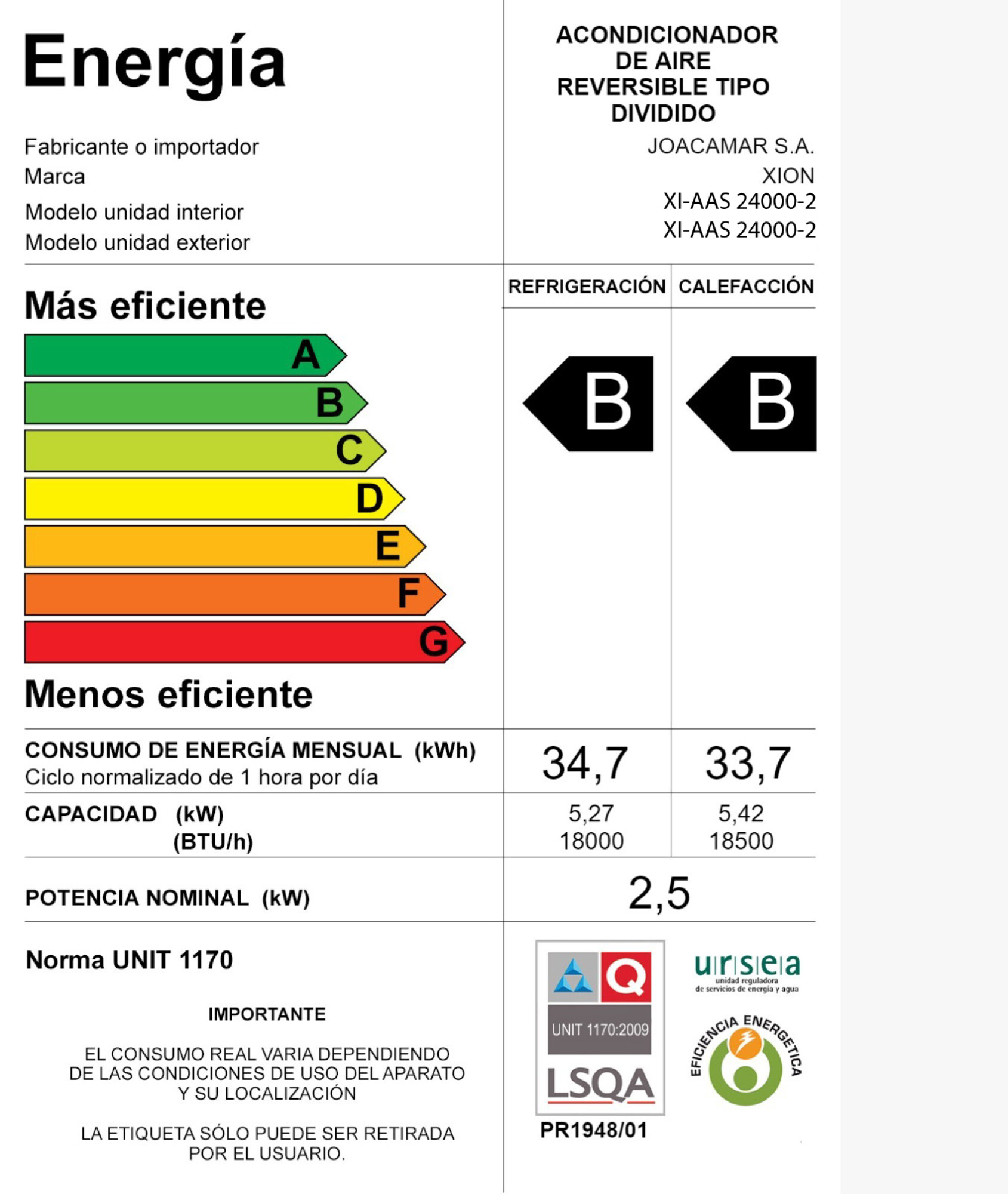 AIRE ACONDICIONADO SPLIT 24000 BTU - XION - Imagen 3