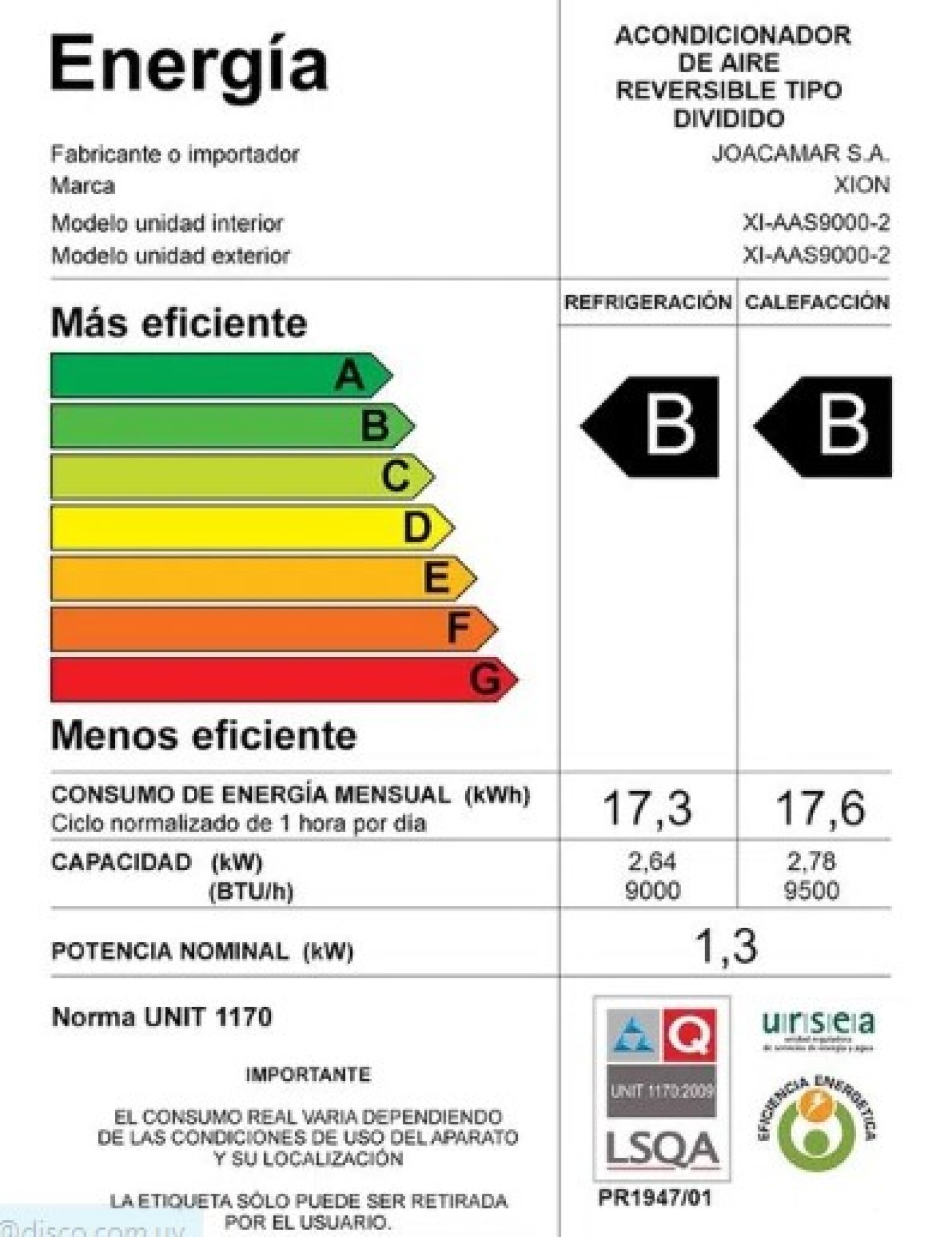 AIRE ACONDICIONADO SPLIT 9000BTU - XION - Imagen 2