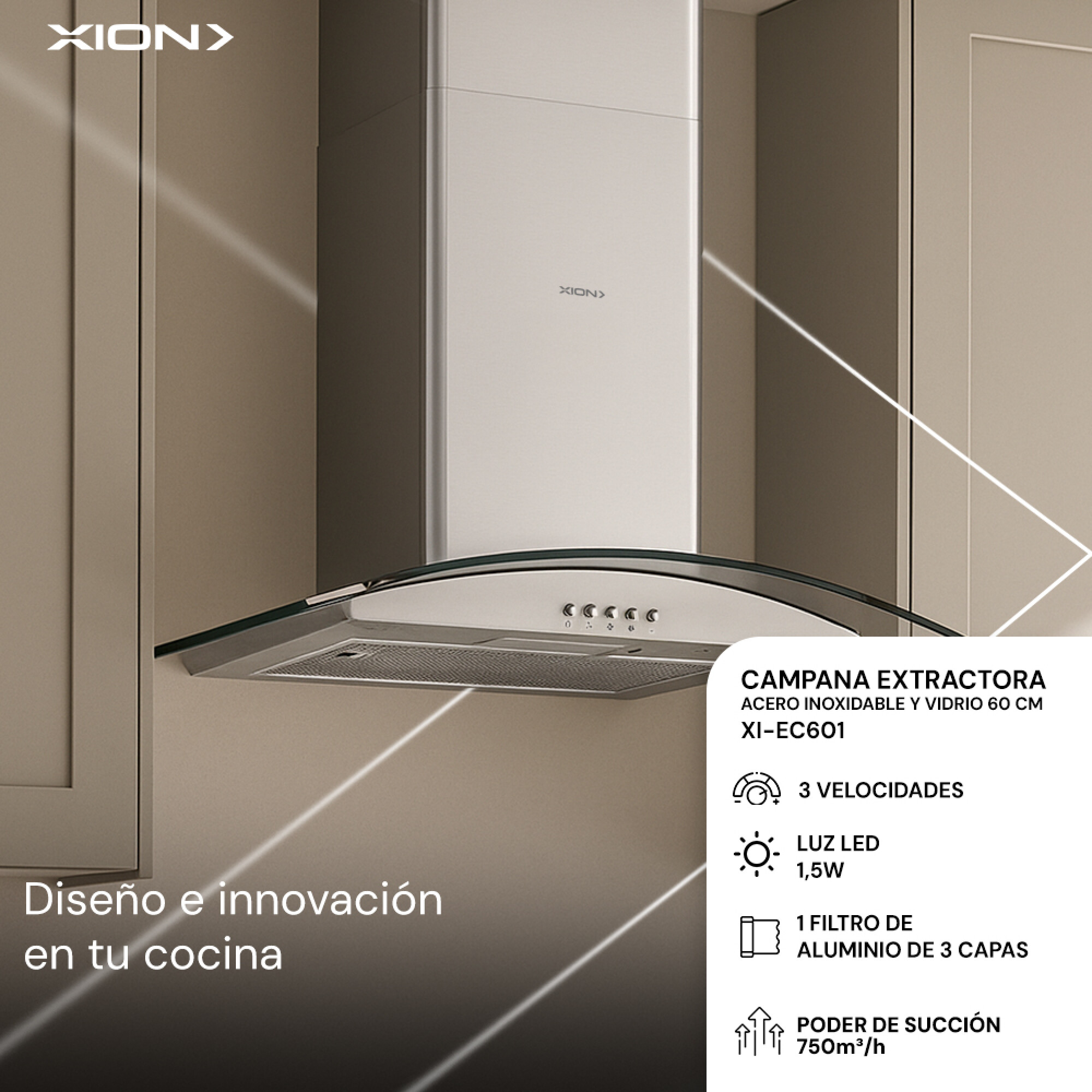 CAMPANA EXTRACTORA ACERO INOX CON VIDRIO 60 CM - XION - Imagen 2