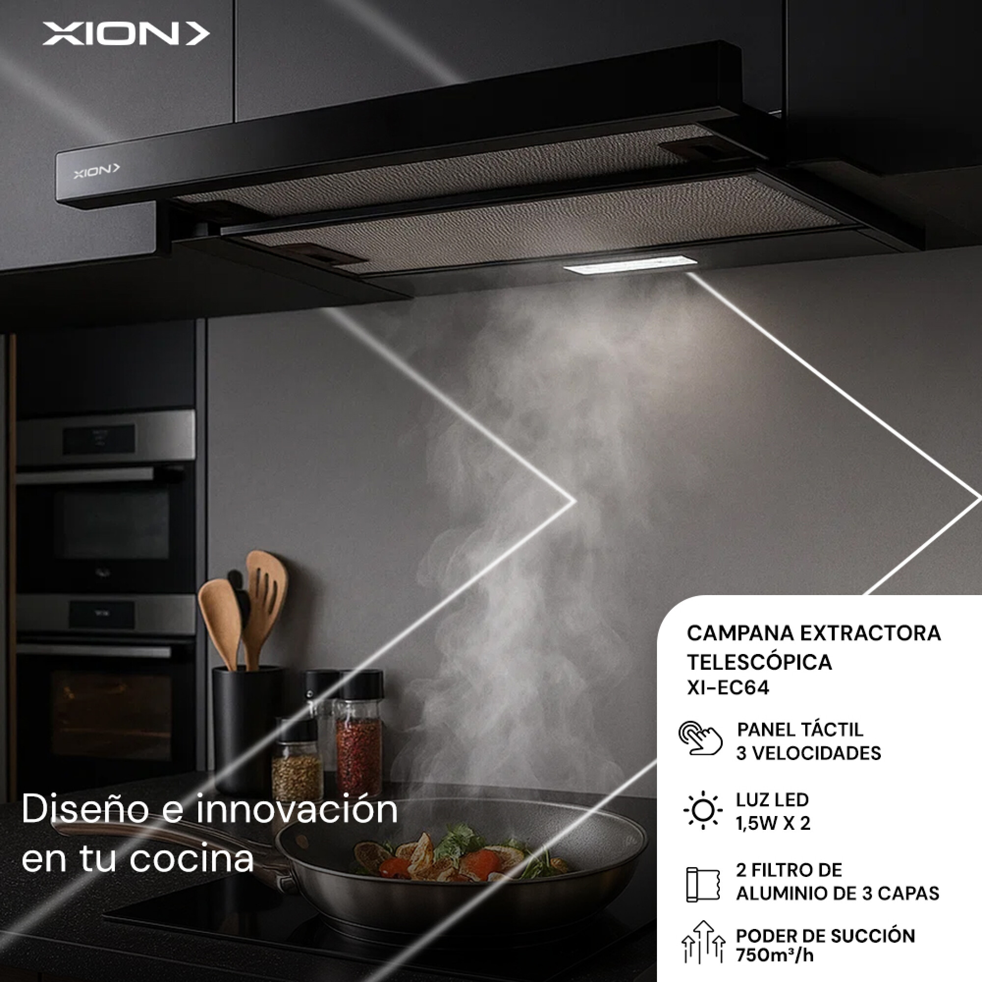 CAMPANA EXTRACTORA TELESCOPICA FULL BLACK/GLASS - XION - Imagen 2