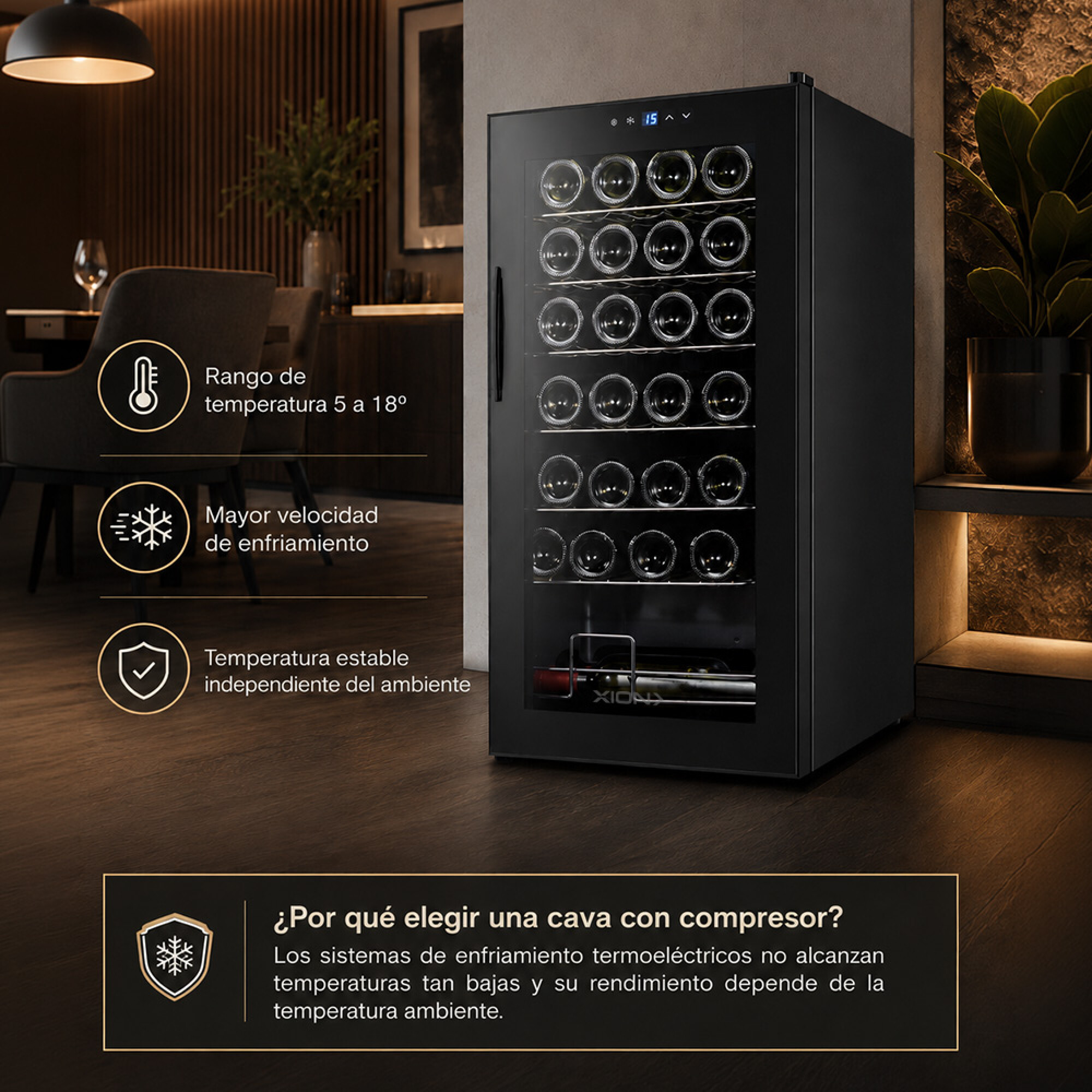 ENFRIADORA DE VINOS 28 BOTELLAS CON COMPRESOR - XION - Imagen 2
