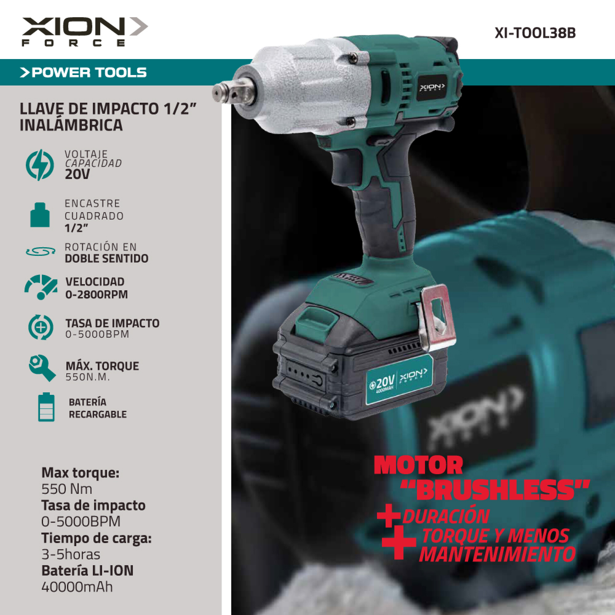 LLAVE DE IMPACTO 1/2" (BRUSHLESS) - XION - Imagen 3